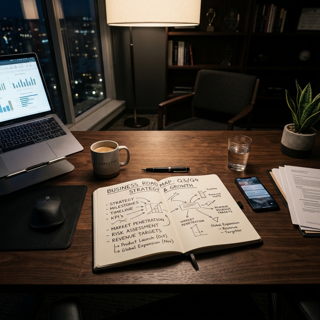 Executive business roadmap planning desk with notebook and laptop
